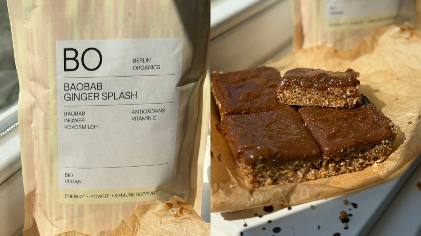 Caramel Ginger Bars mit Baobab Ginger Splash