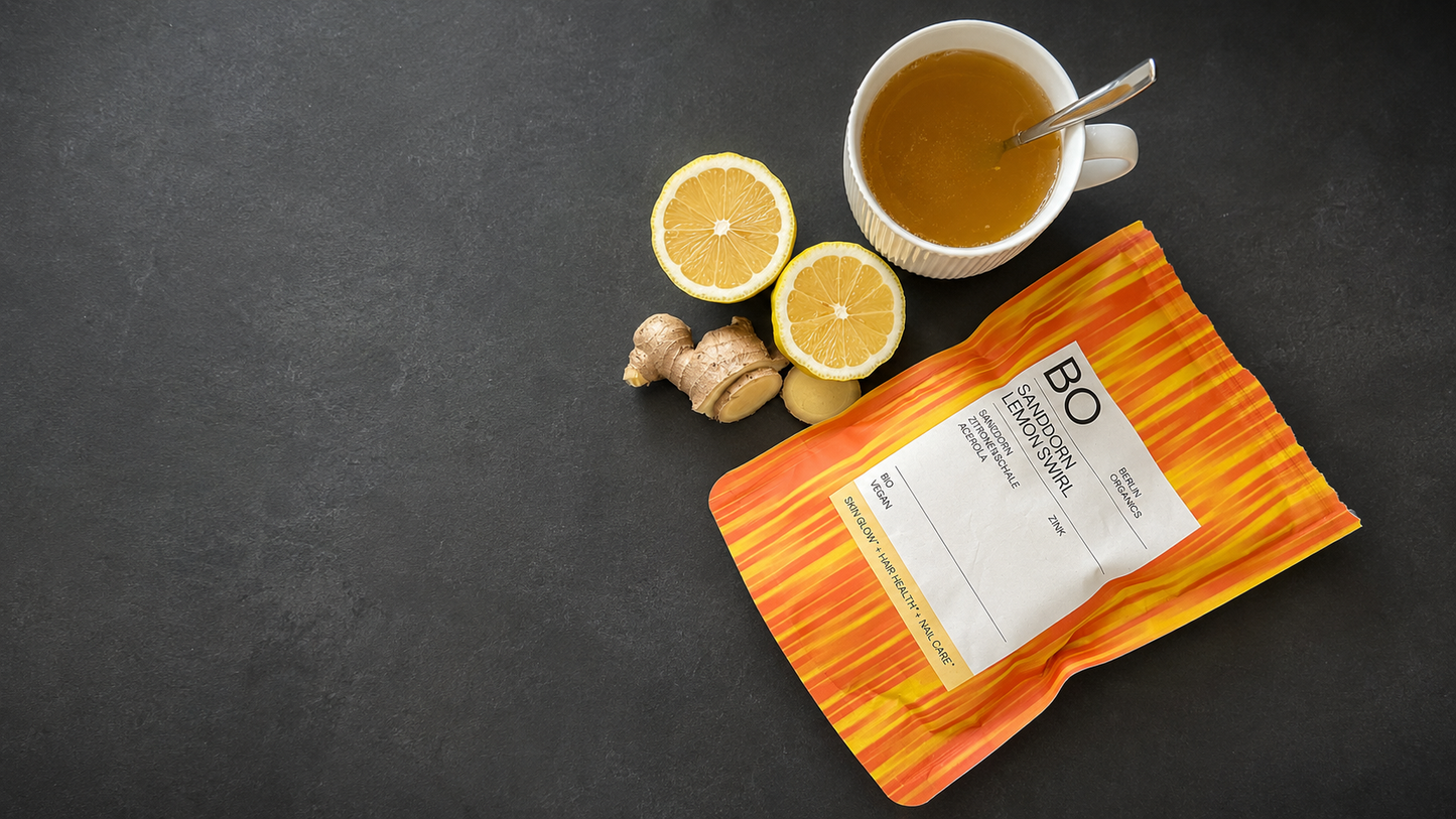 Sanddorn Beauty Hot Drink mit Zitrone und Sanddorn Lemon Swirl