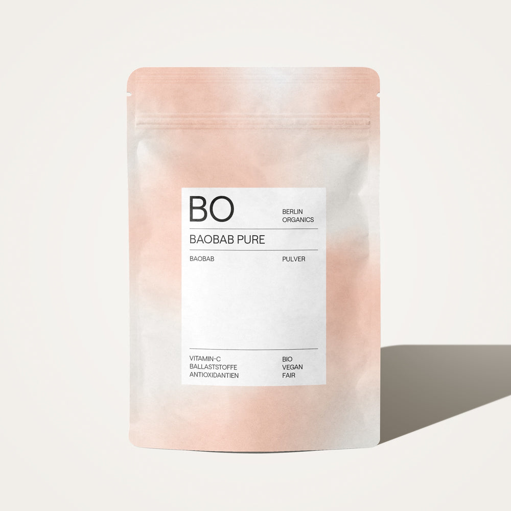 Berlin Organics „Baobab Pure“ Superfood-Packung, Vorderseite mit Zutaten.