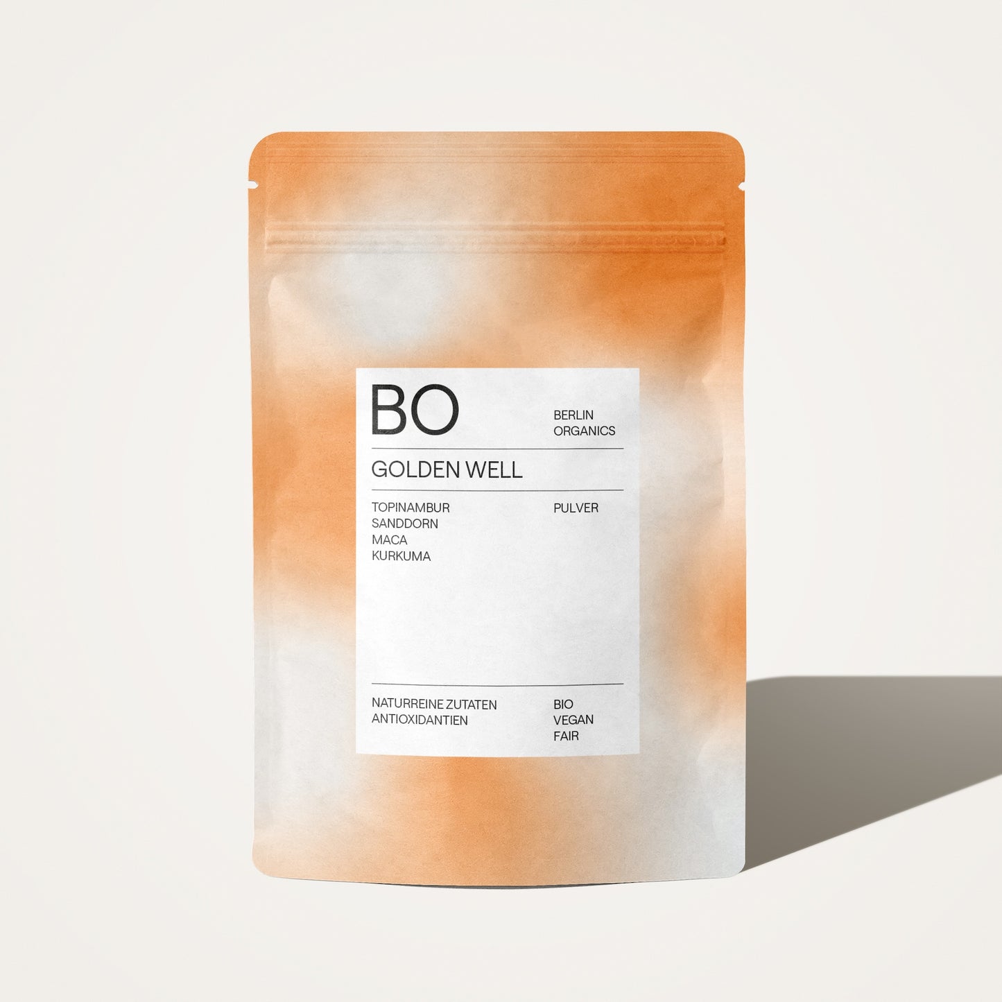 Berlin Organics „Golden Well“ Superfood-Packung, Vorderseite mit Zutaten.