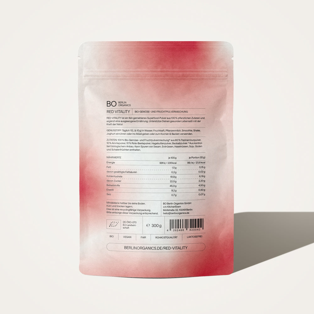 Rückseite der Berlin Organics „Red Vitality“ Superfood-Packung mit Nährwertangaben.